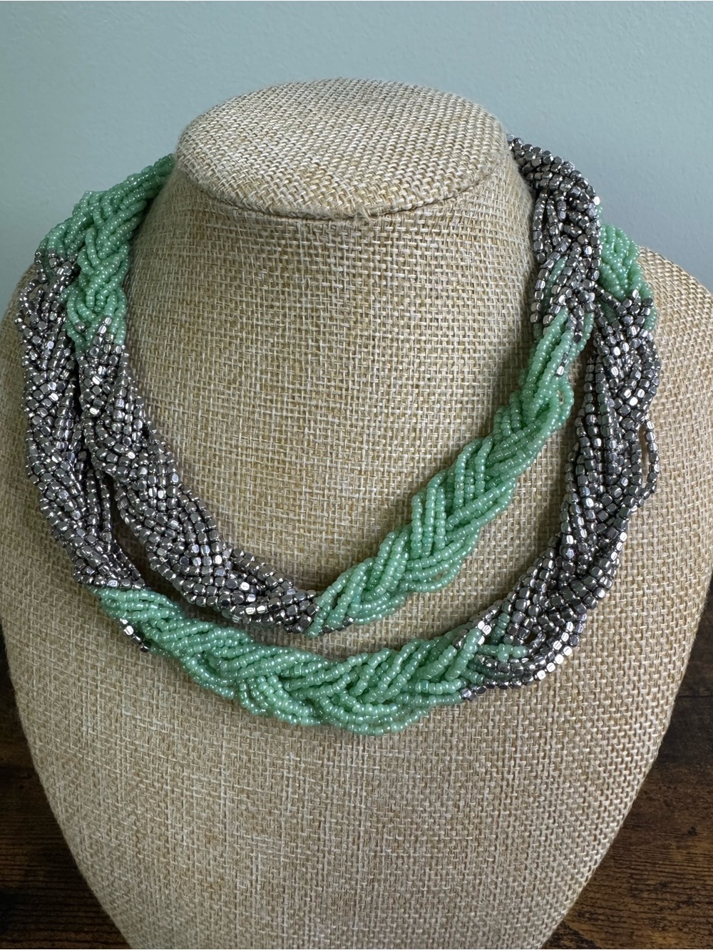 LOFT Mint and Silver Braided Seed Beaded Necklace 34 Inch - Summer Beach Jewelry